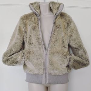 Topshop Cream & Grey Faux Fur Zipped Bomber Jacket